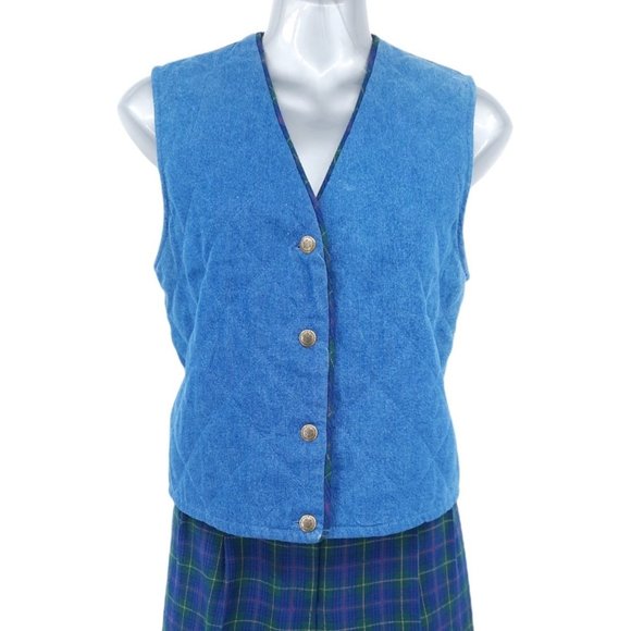 VTG 90s Koret City Blues Quilted Denim Metal Snap Vest Plaid Pants Set Size 8 - Picture 2 of 12